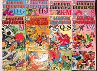 Front covers of twelve The Official Handbook of the Marvel Universe comic books arranged in two rows