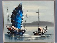 Close view of painting showing two Chinese junk boats and signature