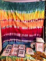 Overall lot: tapestries in packaging, disco ball, sandals, background tapestry excluded