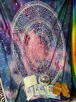 All lot items grouped: folded tapestries, door curtain, disco ball, two pairs sandals (galaxy backdrop tapestry not included)