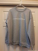 Front view of the grey crewneck with text