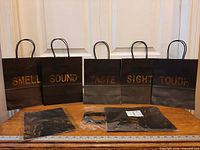 All ten bags standing, labels SMELL SOUND TASTE SIGHT TOUCH visible, tissue packets in foreground