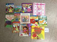 Photo showing 13 children's books arranged on floor, titles including Dora the Explorer, Madeline's Rescue, The Ballet Kitty, and Seeds! Seeds! Seeds!