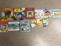 Photo of 11 different children's books lined up on carpet floor showing covers of each book with various themes such as dinosaurs, trains, counting, Dora the Explorer, and classic stories.