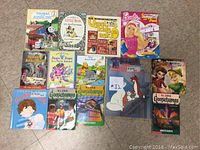 Photo showing 12 children's books, featuring titles including Thomas School Trip, Little Bear, Quest for Kids, Barbie Summer Fun, Goosebumps series, and Disney storybooks.