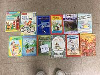 Photo showing twelve children's books arranged in two rows on a carpeted floor.