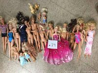 Photo shows over 14 Barbie and Ken dolls arranged on the floor with small toddler dolls and pet figurines.