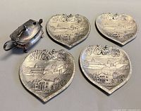 Four heart-shaped trays and mustard pot grouped