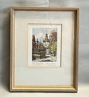 Framed hand-colored etching overall view