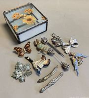 Group shot showing trinket box and all brooches and pins