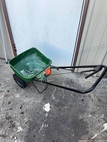 Full view of Scotts broadcast spreader showing handle, wheels, hopper