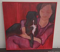 Full view of framed painting depicting woman with dog