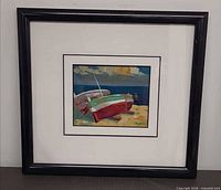 Full view of framed painting showing frame, mat and artwork