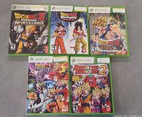 Front view of all five Xbox 360 Dragon Ball Z game cases