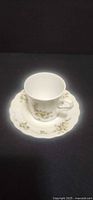 Cup resting on saucer showing front decoration