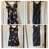 Front and back views of both dresses: floral print and micro-dot