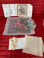 Full contents showing Victorian Roses kit components, extra blank canvas and yarn
