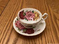 Cup and saucer together showing pattern and trim