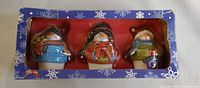 Front of box showing three LED snowman ornaments