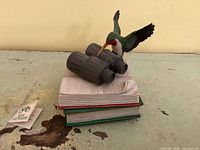 Front view showing binoculars, hummingbird, stacked books