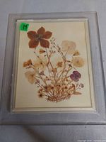 Front view showing pressed flowers arrangement in clear frame