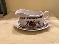 Wood & Sons Rosedale gravy boat with matching underplate, side view