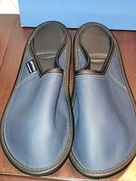 Top view of both blue leather slippers