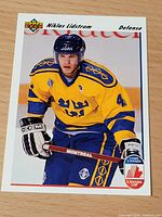 Front of Lidstrom rookie card showing image, Upper Deck logo, Canada Cup emblem