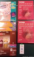 Front view of all packages including Ilford photo papers, Avery labels, Kodak and Avery card papers