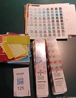 Pantone Color Bridge guides, paint chip cards, and paint swatch sheet on table