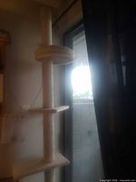 Full view of beige cat tree showing top round perch and vertical post