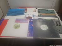 Overall view of roughly 15 electronic/dance 12-inch records on table