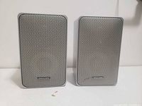 Front view showing both Realistic speakers, metal grilles and logos