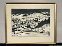 Full view of framed lithograph showing artwork, mat and frame