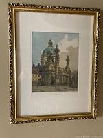 Full view of framed etching on wall