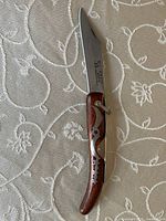 Full view of knife open showing blade, handle, shackle
