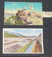 Fronts of two postcards, salt bag visible attached to upper card