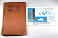 Front view of catalog book next to UN stamps flyer