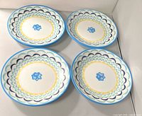 Front view of four plates showing pattern and colours