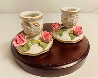 Both Dresden porcelain candlestick holders on stand