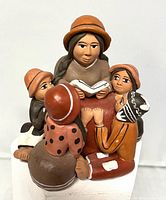 Front view showing storyteller woman and four children with book