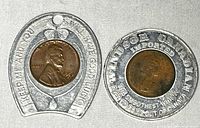 Obverse of both tokens showing Lincoln cent within horseshoe Reading Beer token and obverse of Windsor Canadian token
