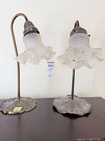 Front view of both brass lamps with frosted shades