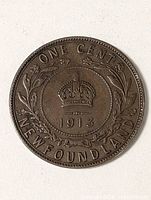 Reverse of 1913 Newfoundland One Cent showing crown, wreath and legends