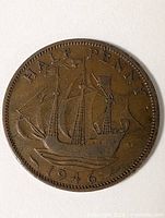 Reverse of 1947 half penny showing Golden Hind ship