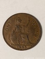 Reverse of 1963 one penny showing Britannia, denomination, date