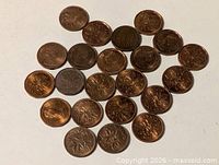 Overview of roughly two dozen Canadian 1-cent pennies on white surface