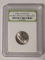 Full view of slabbed 2004-P Jefferson Nickel in INB holder