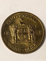 Obverse of medallion showing Newfoundland coat of arms, date 1949, legends