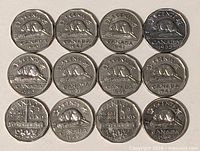 Twelve Canadian nickel coins laid out 4x3